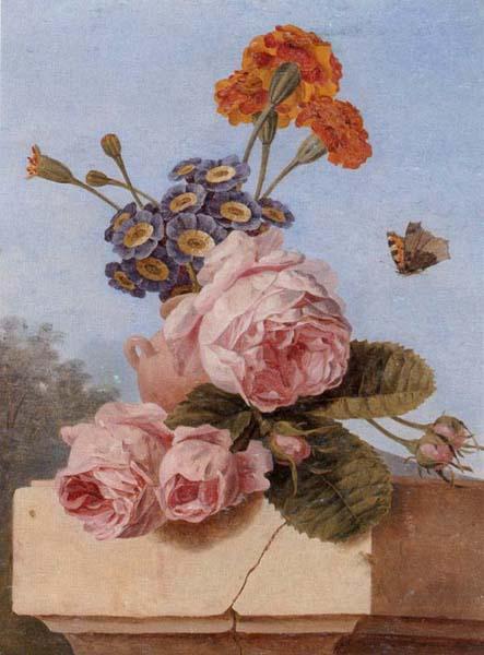 unknow artist Still life of roses,carnations and polyanthers in a terracotta urn,upon a stone ledge,together with a tortoiseshell butterfly Sweden oil painting art